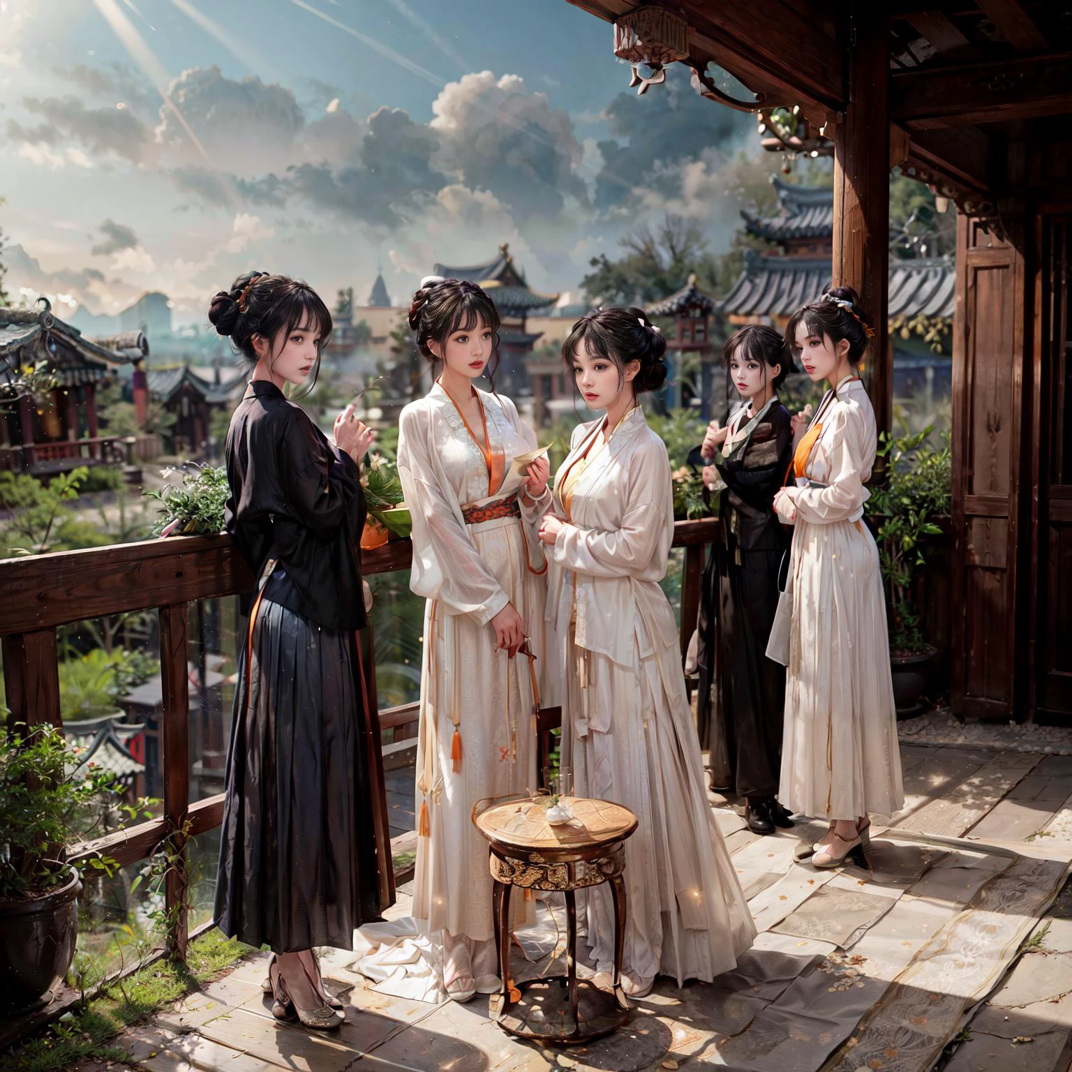 <lora:add_detail:1> , <lora:epiNoiseoffset_v2:0.7>, <lora:songStyle16:0.6>, <lora:harem_4:0.8>,
(full body:1.3) group picture of (5girls, kaylavazquez and imogend and k4td3nn1ngsv2 and mgu4rdiol4 and leah), (harem, multiple girls chatting and flirting, looking at another, on the balcony of an ancient chinese house, female focus, sfw:1.4),
small breasts, makeup,( jewelry, long hair, hair ornament, relaxed, HANFU, SONG, LONG SHAN, SHORT SHAN, songmo, PLEATED SKIRT, hair bun:1.2),
prestige, luxury, exquisite, detailed skin texture, exquisite clothing detail, detailed clothes texture, ultra realistic, ultra detailed, highly intricate details, correct proportion, perfect anatomy, perfect female body, perfect female figure, gorgeous detail face, perfect face, enchanting face, perfect eyes, beautiful detailed gradient eyes, shiny eyes, shiny skin, pale skin, shiny eyes, clear and bright eyes, deep gaze,
official art, professional artwork, famous artwork,masterpiece, flawless, clean, best quality, 8k uhd, photorealistic, extremely detailed unity 8k wallpaper, surreal 8K 32K HDR photo, film grain noise, ultra high res, best shadow, delicate, RAW, light particles, sharp focus, dynamic range, depth of field, DSLR, Fujifilm XT3,
dreamlike nature light, soft cinematic light, film bloom, indirect lighting, overcast lighting, rim light, intricate lighting, (film grain:1.4),
(blue and orange tone impression),
fantasy settings, immersive atmosphere, chiaroscuro, moody lighting, atmospheric perspective, fluid movement, ethereal quality, fine art photography, romantic depictions of historical events,