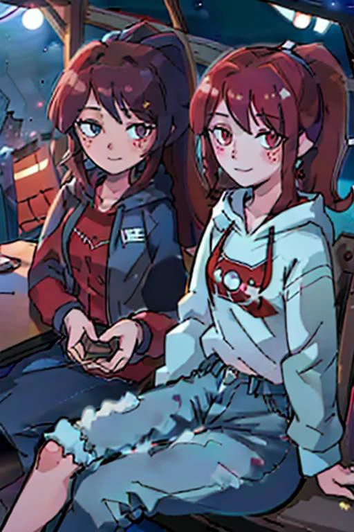 cabin porch, 2 girls, sitting at a table playing a board game
curly red hair, red eyes, red sweater, blue jeans, smile, woman, wink
soft brown hair, blue eyes, ponytail, blue jeans, blue hoodie, woman, smile,
looking at the night sky