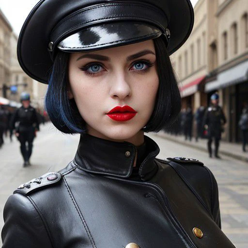 woman, wearing world war two leather, large leather peaked police hat, enormous breasts, very short straight black hair, pixie cut, large blue eyes, red lips, black eyeliner, black eye shadow, blusher, standing at attention, in a busy street