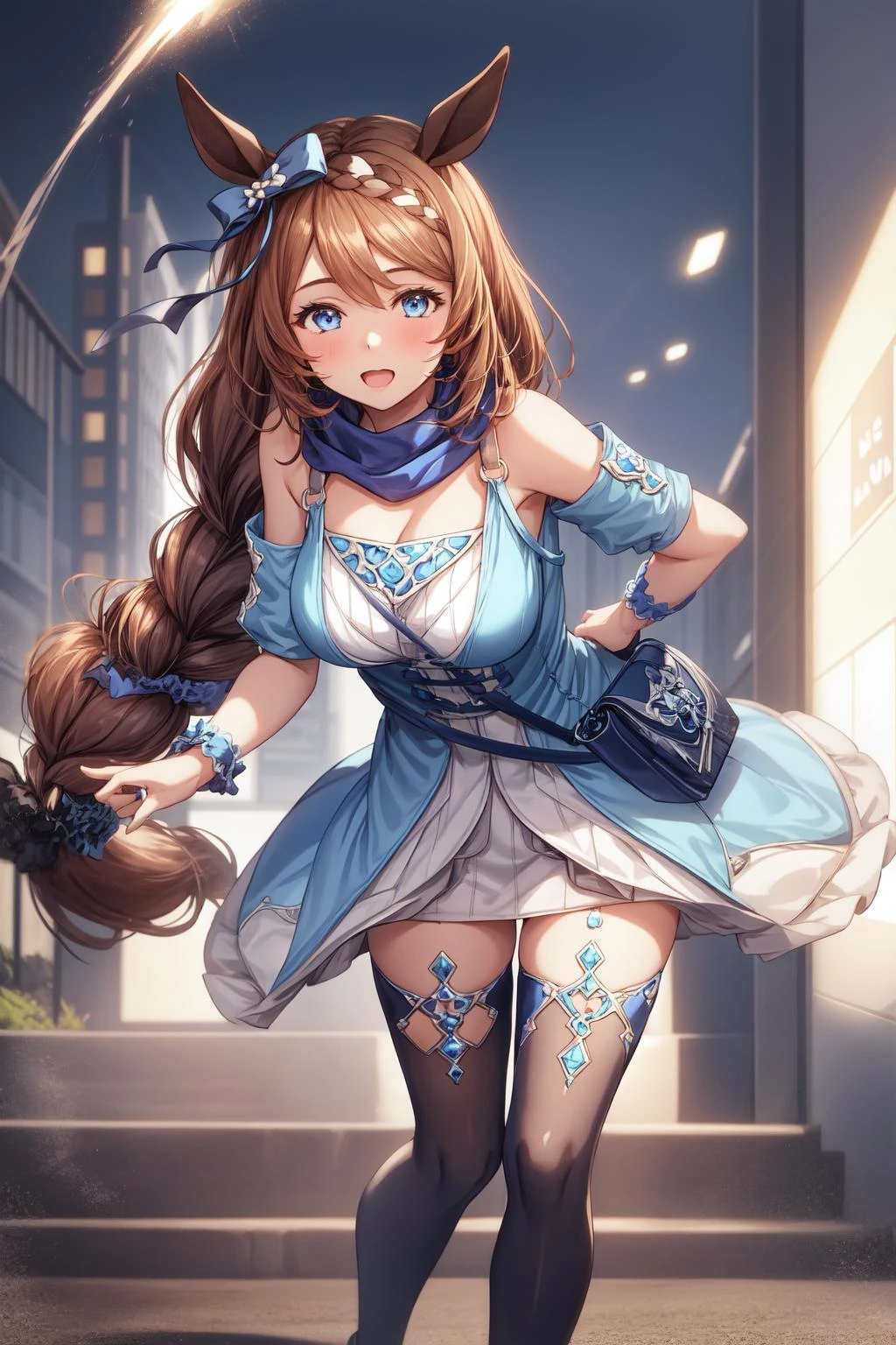 1girl, sup3rcr33k, blue dress, blue hair bow, blue wrist cuffs, blue thighhighs, shoulder bag, detach sleeves, blue scarf, <lora:SuperCreekUMA_568256:1>, <lora:GBF_Splash:0.6>, splash art, <lora:add_detail:0.3>