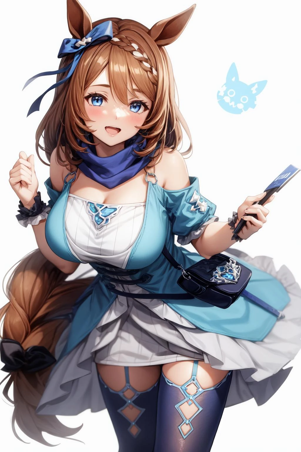 1girl, sup3rcr33k, blue dress, blue hair bow, blue wrist cuffs, blue thighhighs, shoulder bag, detach sleeves, blue scarf, <lora:SuperCreekUMA_568256:1>, <lora:add_detail:0.3>