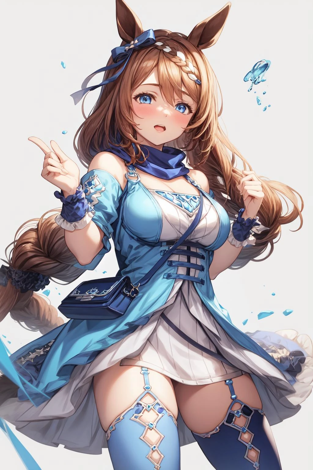 1girl, sup3rcr33k, blue dress, blue hair bow, blue wrist cuffs, blue thighhighs, shoulder bag, detach sleeves, blue scarf, <lora:SuperCreekUMA_568256:1>, <lora:GBF_Splash:0.6>, splash art, <lora:add_detail:0.3>
