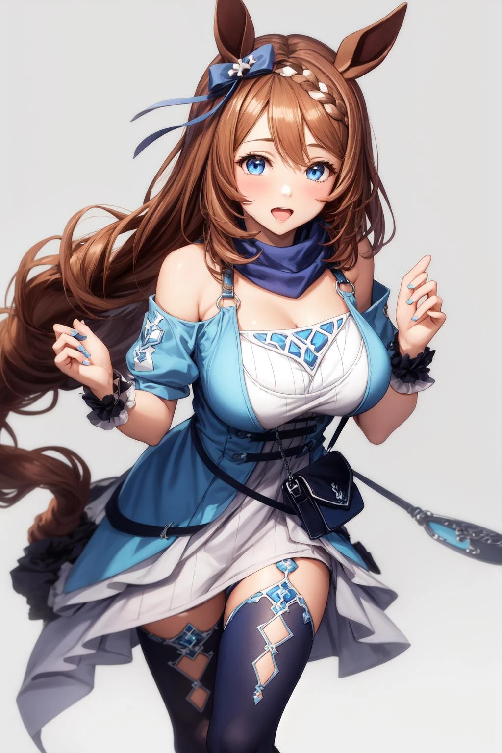1girl, sup3rcr33k, blue dress, blue hair bow, blue wrist cuffs, blue thighhighs, shoulder bag, detach sleeves, blue scarf, <lora:SuperCreekUMA_568256:1>, <lora:add_detail:0.3>
