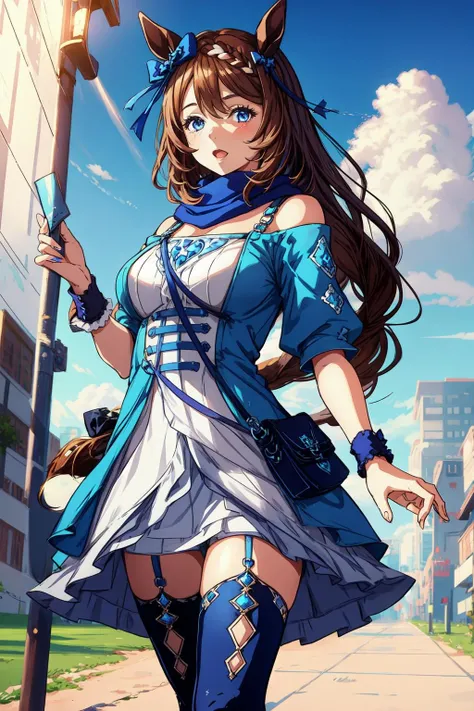 masterpiece, best quality, 1girl, sup3rcr33k, blue dress, horse girl, horse tail, blue hair bow, blue scarf, blue wrist cuffs, blue thighhighs, shoulder bag, <lora:SuperCreekMulti-000018:1>,