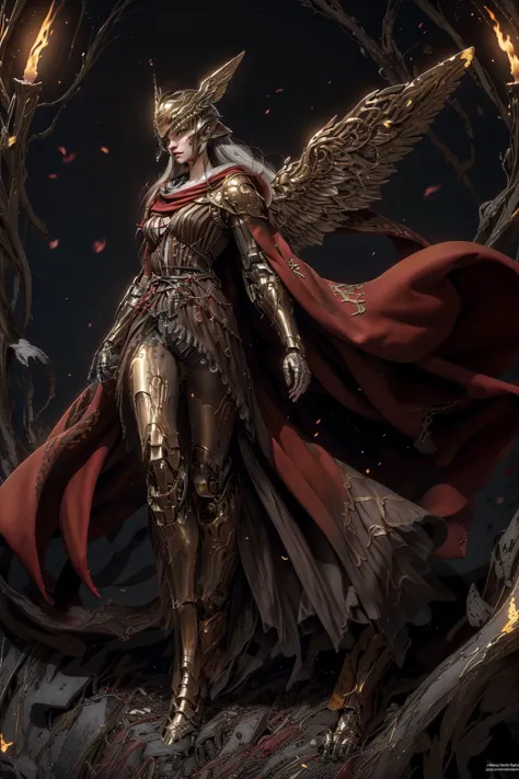 true-to-life visuals,artistically refined,captivating beauty, dramatic contrasts, atmospheric depth,intimate moments, enduring allure, authentic portrayal,lifelike accuracy, evocative mood, emotional depth, striking symbolism, small breasts,big wings, 1girl,((solo)),(looking at viewer),(full body:1.4), (Glowing ambiance, enchanting radiance, ethereal atmosphere, mesmerizing glow, evocative hues, captivating coloration, dramatic lighting, enchanting aura:1),armor robot,(highly details:1.5),unreal engine,3d render,film photograhpy, complex 3d render ultra detailed of a beautiful porcelain profile woman android face, (cyborg:1.3), robotic parts, 150 mm, beautiful studio soft light, (rim light:0.63), vibrant details, luxurious cyberpunk, lace, hyperrealistic, anatomical, facial muscles, cable electric wires, microchip, elegant, beautiful background, octane render, H. R. Giger style, 8k, best quality, masterpiece, illustration, an extremely delicate and beautiful, extremely detailed ,CG ,unity ,wallpaper, (realistic, photo-realistic:1.37),Amazing, finely detail, masterpiece,best quality,official art, extremely detailed CG unity 8k wallpaper, absurdres, incredibly absurdres, robot, silver helmet,
 <lora:gaodaxintai:0.5>,(gaodaxingtai),floating in the sky, <lora:malenia_01:0.6>,(eldenring\(type2\):1.8), eldenring\(malenia\),winged helmet, beautiful face, beautiful eyes, very long hair,(long red cape:1.3), mecha right arm, mecha left leg, (cursed_left_arm), no background