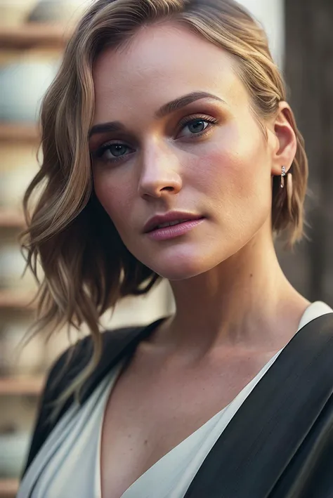 beautiful woman (dkrug3r:.99), Tousled waves , jewellery, ((portrait)), (closeup:1.4), ((from the waist up)), ((( A modern, minimalist pottery studio, filled with sleek pottery wheels and freshly-thrown ceramics :1.2 ))), natural skin texture, (( Kimono Sleeve Dress :1.2)), 24mm, 4k textures, soft cinematic light, adobe lightroom, photolab, hdr, intricate, elegant, highly detailed, sharp focus, ((((cinematic look)))), soothing tones, insane details, intricate details, hyperdetailed, low contrast, soft cinematic light, exposure blend, hdr, faded, now, ("I've got a bad feeling about this.":1.1), (((single male watching the background:1.3))),