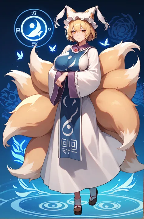 score_9, score_8_up, score_8, score_9, 1 girl,  source_anime, <lora:yakumo_ran_pony-10:0.8> , yakumo ran, blonde hair, hat, tabard, white dress, fox tail, glowing, smile, full body, wide sleeves, long sleeves, detailed background, large breasts,  <lora:Smooth Anime 2 Style SDXL_LoRA_Pony Diffusion V6 XL:0.8>, socks