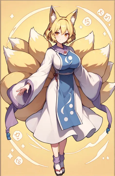 score_9, score_8_up, score_8, score_9, 1 girl,  source_anime, <lora:yakumo_ran_pony-10:0.8> , yakumo ran, blonde hair, fox ears, tabard, white dress, fox tail, glowing, smile, full body, wide sleeves, long sleeves, detailed background, large breasts, socks,  <lora:chinesepixiv:0.8>