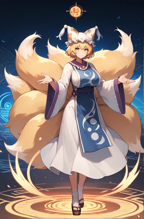 score_9, score_8_up, score_8, score_9, 1 girl,  source_anime, <lora:yakumo_ran_pony-10:0.8> , yakumo ran, blonde hair, hat, tabard, white dress, fox tail, glowing, smile, full body, wide sleeves, long sleeves, detailed background, large breasts,  <lora:Smooth Anime 2 Style SDXL_LoRA_Pony Diffusion V6 XL:0.8>, socks