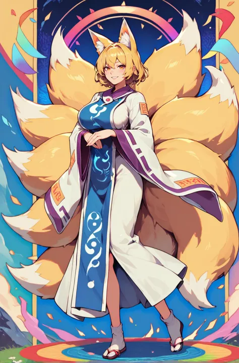 score_9, score_8_up, score_8, score_9, 1 girl,  source_anime, <lora:yakumo_ran_pony-10:0.8> , yakumo ran, blonde hair, fox ears, tabard, white dress, fox tail, glowing, smile, full body, wide sleeves, long sleeves, detailed background, large breasts, socks,   <lora:Rainbow Style SDXL_LoRA_Pony Diffusion V6 XL:0.8> rainbow style, vibrant colors, vivid colors,