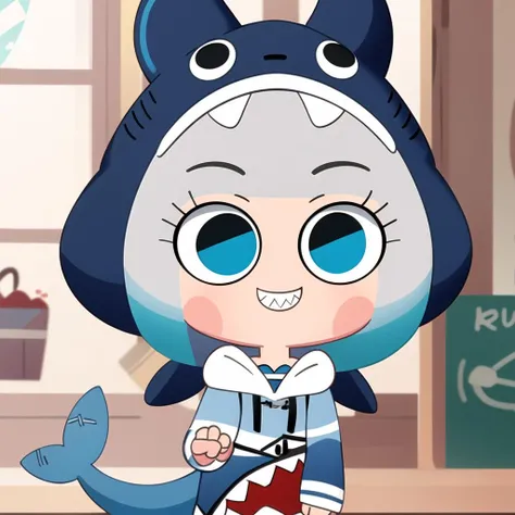 <lora:SockFuStyle-10:0.8>,chibi, 1girl, multicolored hair , blue eyes,smile,
<lora:gawrGura:0.6> gawr gura, shark girl, shark tail, shark print, blue hoodie, sharp teeth, animal hood, hood up,