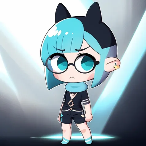 <lora:SockFuStyle-10:1> full body, chibi 1girl,
sides wept bangs,pixiecut, longbang, (very short hair:1.2), straight hair , (buzz cut:0.8), bob cut
light blue hair, Turquoise eyes, light blue hair , green eyes, glowing eyes, ears ,black glasses,ear piercings, gray scarf,