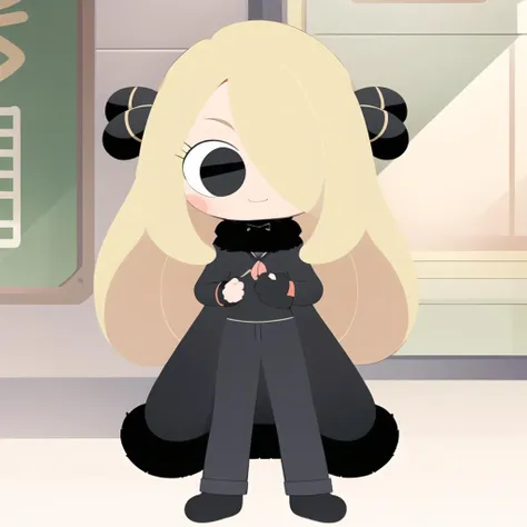 <lora:SockFuStyle-10:0.8>, full body, chibi, 1girl,
<lora:pokemonCynthiaShironaSD1_v3:0.5> character_pokemon_cynthia, hair over one eye, fur-trimmed coat, fur collar, hair ornament, v-neck, pants,