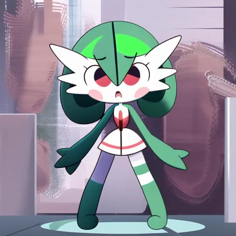 1girl,full body, chibi, <lora:gardevoir_V2:0.9>, (green hair:1.3), green skin , hair over one eye, multicolored skin, pokemon \(creature\), red eyes, short hair, two-tone skin, white skin, 
  <lora:SockFuStyle-10:0.8>,    standing, smile,