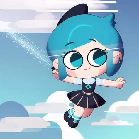 1girl,full body, chibi, sides wept bangs,pixiecut, longbang, short hair, straight hair , (buzz cut:0.8), bob cut
light blue hair, Turquoise eyes, light blue hair , green eyes, glowing eyes, ears ,black glasses,ear piercings, gray scarf,glasses, smile,
<lora:SockFuStyle-10:0.8>, flying , sky, above clouds,