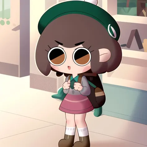 <lora:SockFuStyle-10:0.8>,full body, chibi, 1girl,
gloria1, gloria \(pokemon\), brown hair, solo, backpack, brown eyes, tam o' shanter, grey cardigan, pink dress, short hair, green socks, socks, brown bag, bob cut, bangs, long sleeves, collared dress, <lora:gloria_v2:0.3>,green hat
