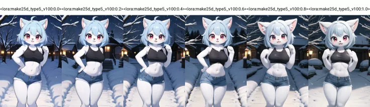masterpiece, best quality, ultra detailed, anime style, 1girl, young, cute, (oily skin), (shiny body), (slender, lean, thin legs), (furry:1.4), (white skin:1.05), medium hair, blue hair, red eyes, (white fur:1.15), (blue fur:1.0), frost beast, (large breasts:0.8), jeans short pants, black t-shirt, outdoor, snow path, beautiful face, happy, <lora:make25d_type5_v100:0.0>