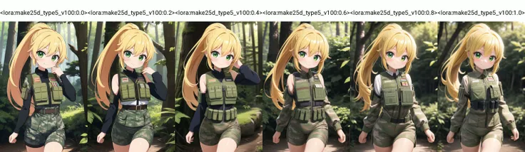 masterpiece, best quality, ultra detailed, anime style, 1girl, young, cute, (oily skin), (shiny body), (slender, lean, thin legs), long messy hair, ponytail, yellow hair, green eyes, beautiful body, soldier outfit, bulletproof vest, camo suit, military cosplay, military camp, forest, beautiful face, happy, <lora:make25d_type5_v100:0.0>