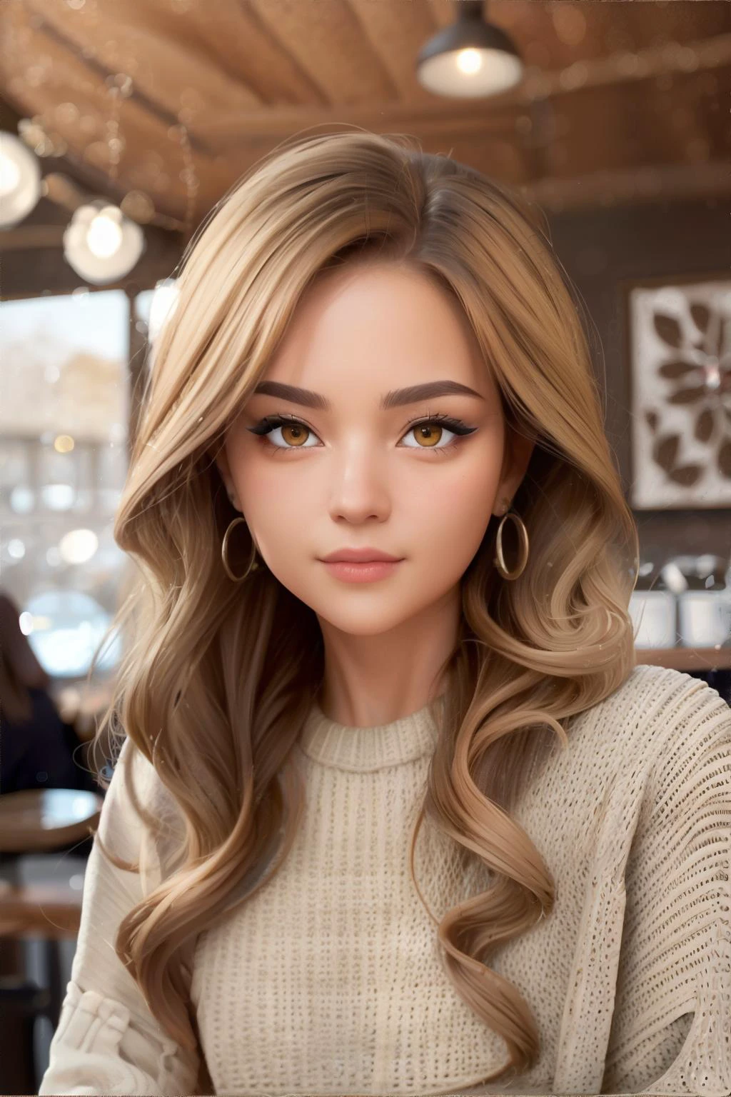 <lora:hairstyles-sideswept:0.5>, side_swept_hair, beautiful woman wearing sweater, (brown|blonde) hair, coffee shop interior || masterpiece, perfect quality, sharp focus, shallow depth of field, 8k