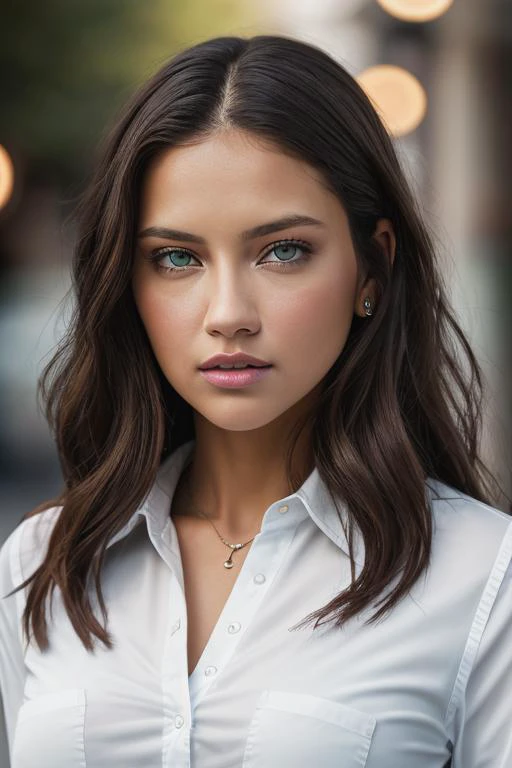 <lora:4dr14n4l1m4:0.9>, a Realistic photo of 4dr14n4l1m4 woman, breasts, looking at viewer, brown hair, hair ornament, white shirt, makeup, green eyes, upper body, parted lips, lips, realistic, soft lighting, professional Photography, Photorealistic, detailed eyes, RAW, analog, sharp focus, 8k, HD, DSLR, high quality, Fujifilm XT3, film grain, award winning, masterpiece