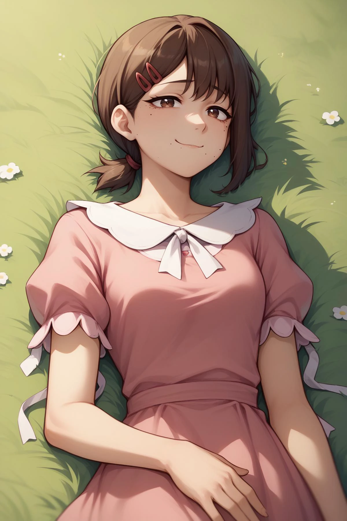 score_9, score_8_up, <lora:csm_higashiyamakobeni_ponyXL:1> kobenirnd, mole under eye, mole under mouth, single sidelock, short ponytail, hairclip, brown hair, brown eyes, slight smile, lying down, grass, pink dress, hair ribbon