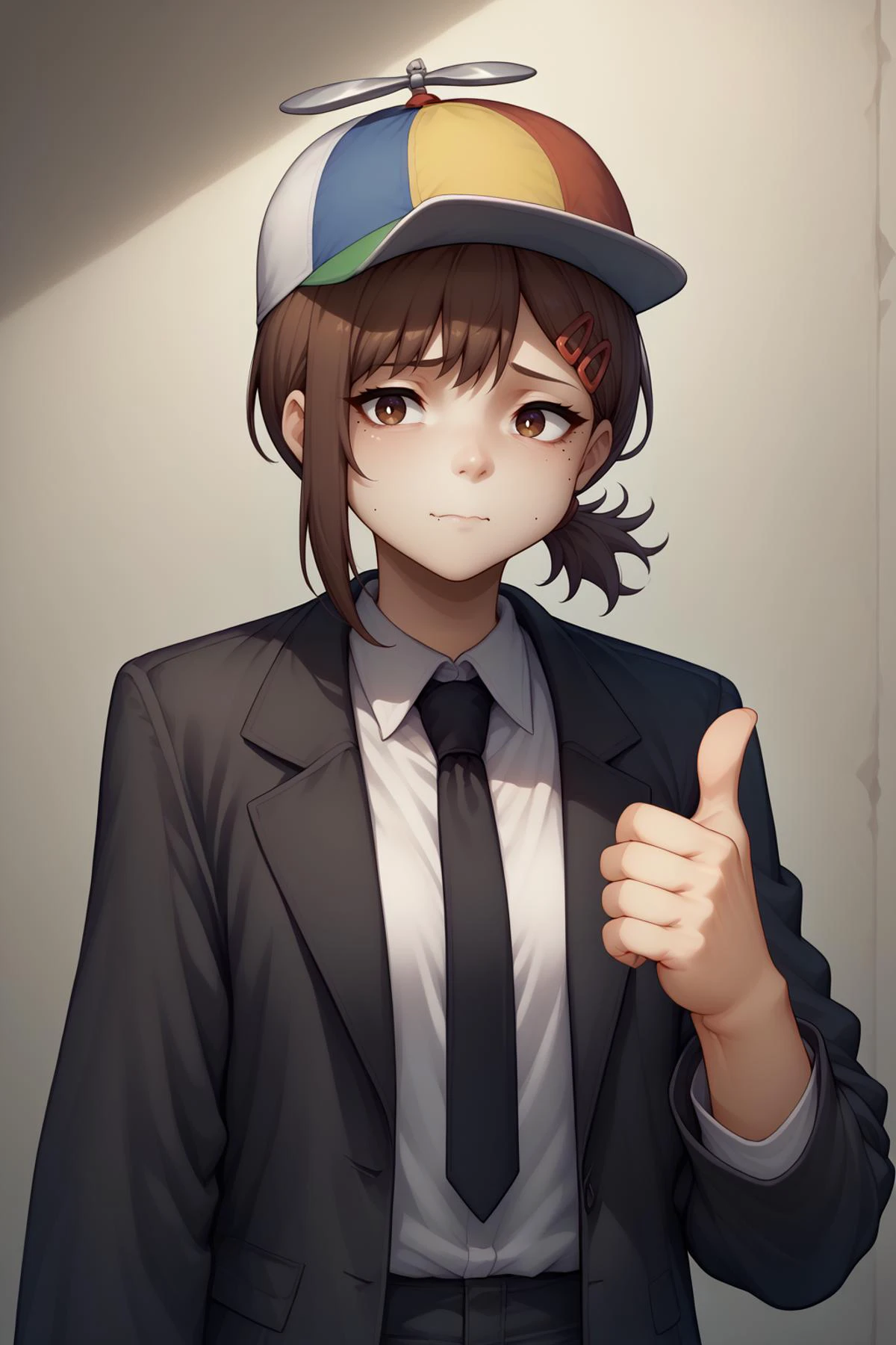 score_9, score_8_up, 1girl, solo <lora:csm_higashiyamakobeni_ponyXL:1> kobenidef, mole under eye, mole under mouth, single sidelock, short ponytail, hairclip, brown hair, brown eyes, black jacket, suit jacket, white shirt, collared shirt, black necktie, long sleeves, black pants <lora:NSHappyCap:1> NSHappyCap, wearing NSHappyCap, cap, thumbs up