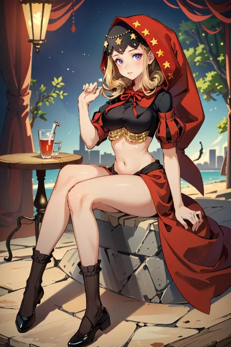 <lora:Velvet-OdinSphere-v0.9:0.7>velvet, red hood, crop top, detached sleeves, string ribbon, star hat ornament, star_\(symbol\), long skirt, vertical-striped stockings, high heels, looking_at_viewer, sitting,