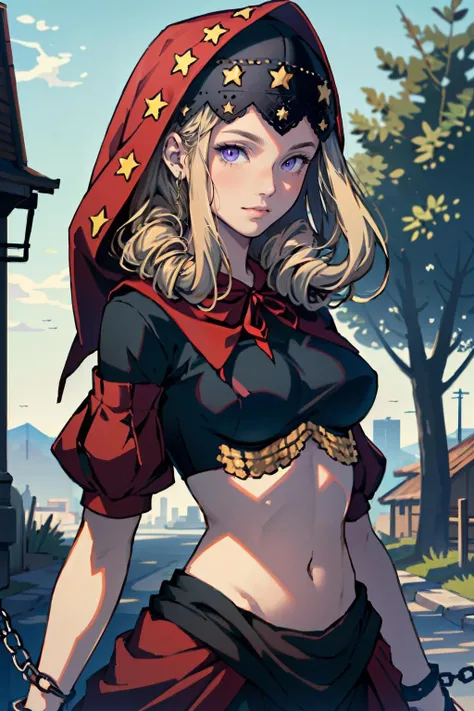 (masterpiece, best quality, highres:1.5)
<lora:OdinSphereVelvet:0.8>
OdinSphereVelvet, 1girl, solo, long hair, looking at viewer, navel, purple eyes, midriff, puffy sleeves, hood, chain