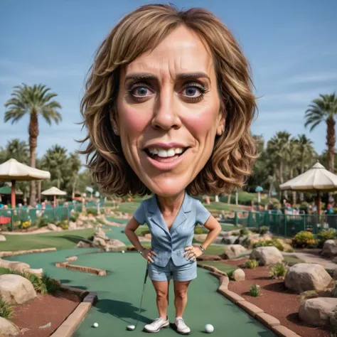 caricature full body portrait of happy  Kristen Wiig at mini golf course <lora:Caricature_XL-000005:1>