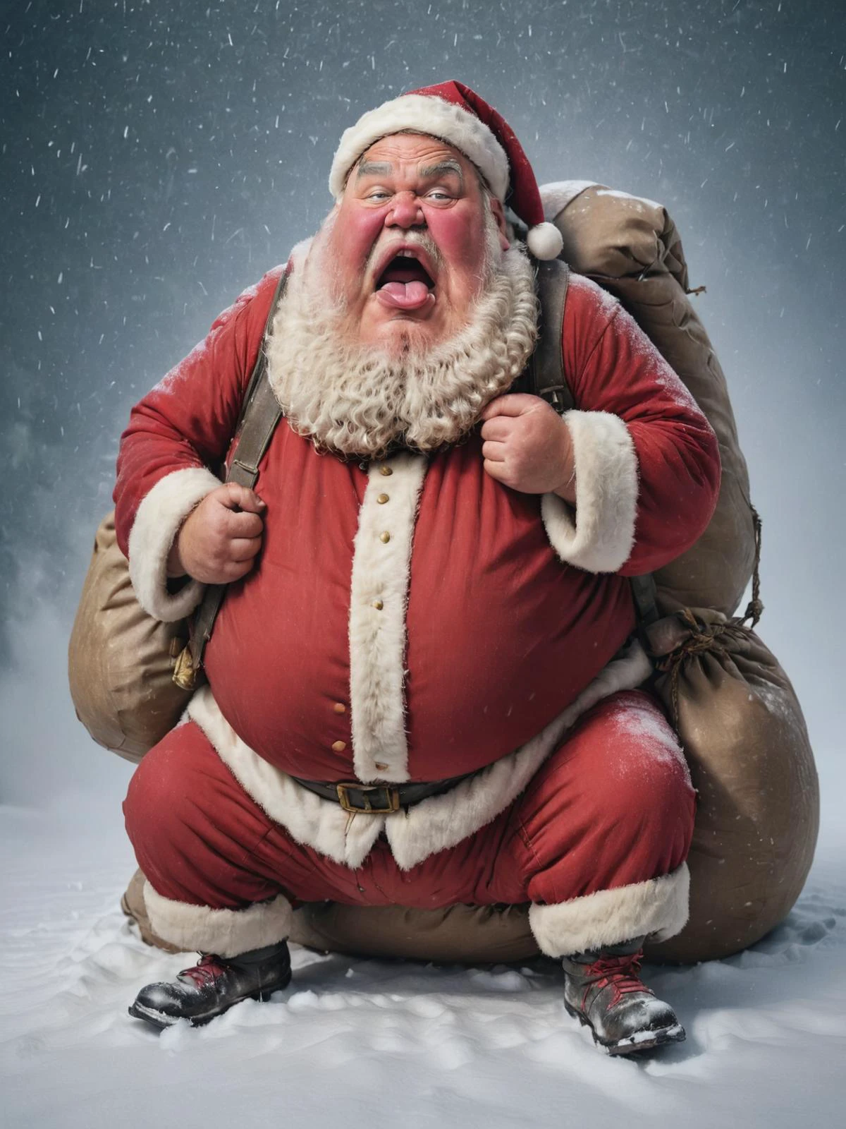 A fat Santa Claus sitting on the snow carrying a big sack of presents, Gasping for air, (white mist coming out mouth),  <lora:[XL]fat:0.4> , <lora:Caricature_XL:0.9>,
ultra detailed, Masterpiece, best quality, 8k,