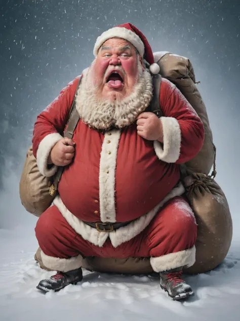 A fat Santa Claus sitting on the snow carrying a big sack of presents, Gasping for air, (white mist coming out mouth),  <lora:[XL]fat:0.4> , <lora:Caricature_XL:0.9>,
ultra detailed, Masterpiece, best quality, 8k,