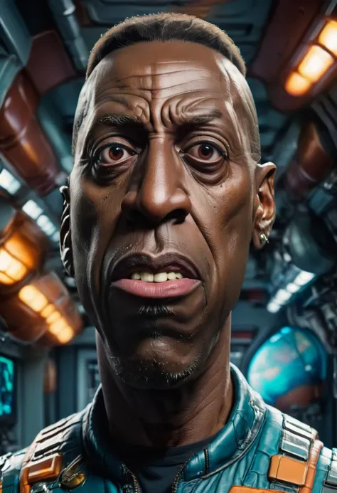 caricature full body portrait of vivid colors Wesley Snipes with a large head and exaggerated features in  space ship  <lora:Caricature_XL-000005:0.8>