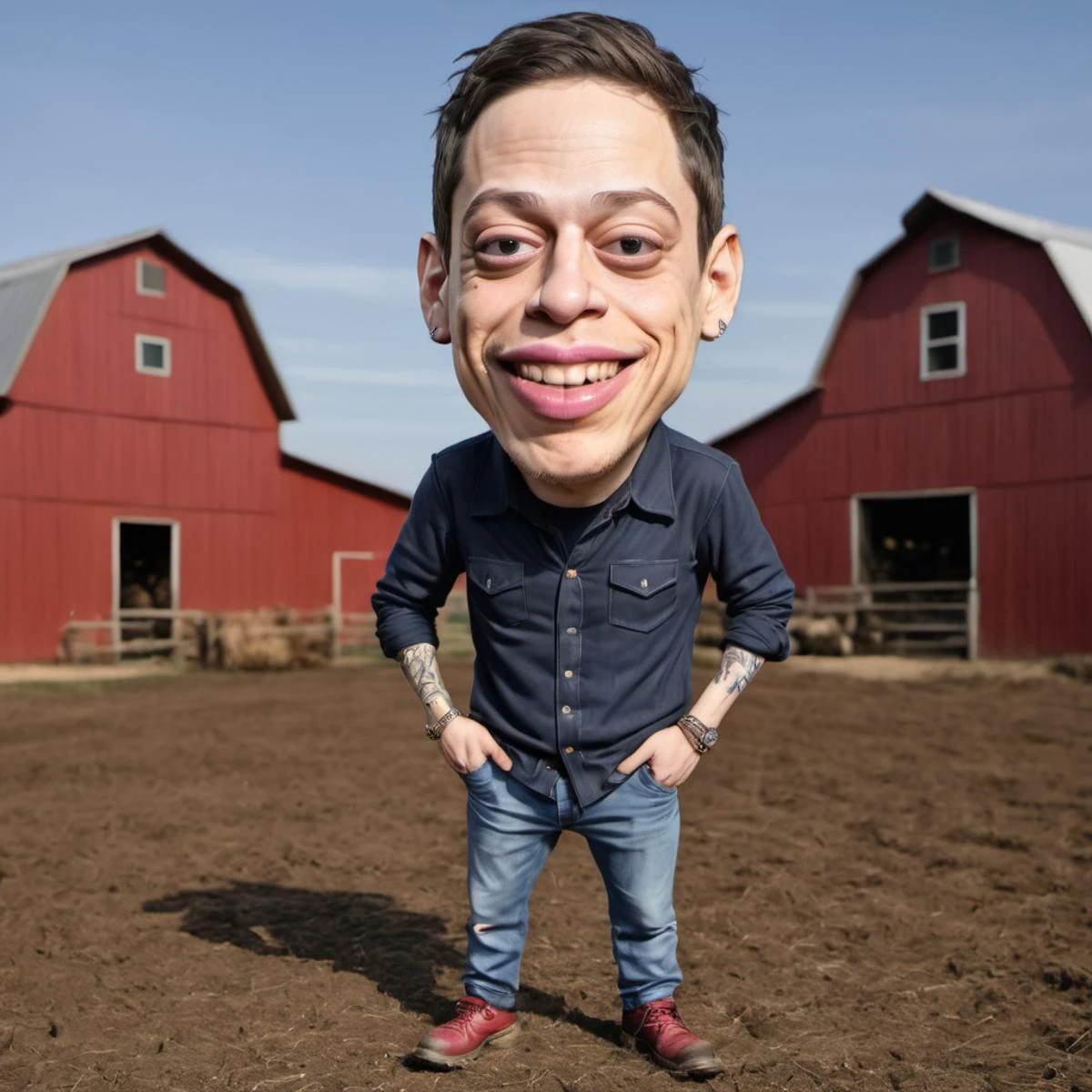 caricature full body portrait of happy Pete Davidson at farm <lora:Caricature_XL-000005:1>
