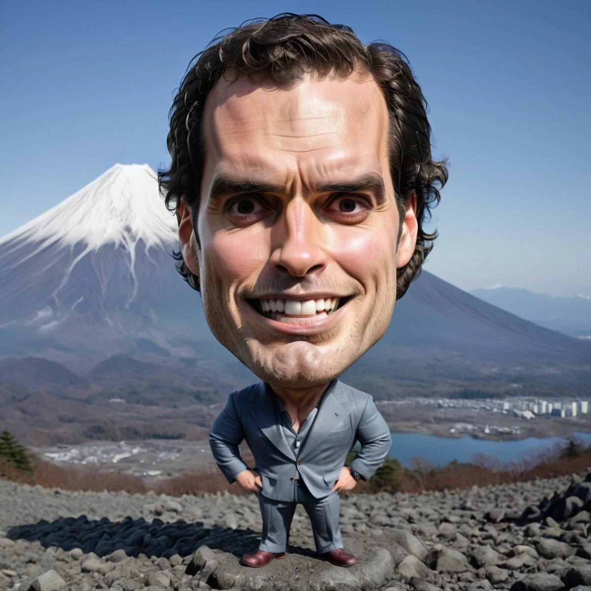 caricature full body portrait of happy Henry Cavill at Mount Fuji <lora:Caricature_XL-000001:1>