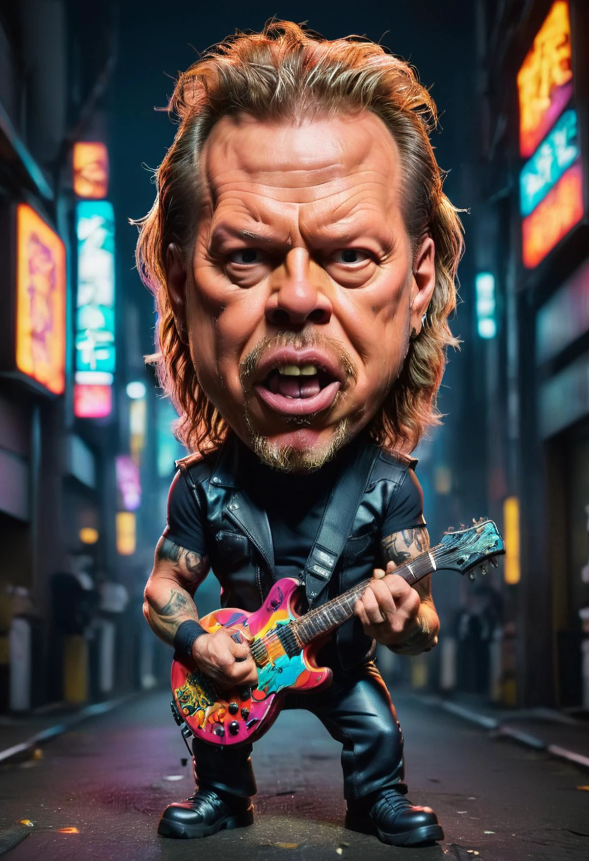 caricature full body portrait of vivid colors James Hetfield with a large head and exaggerated features in Neon-lit Tokyo street <lora:Caricature_XL-000005:0.8>