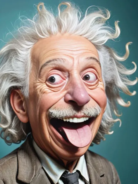 Old Einstein sticks out his tongue,smile,<lora:Caricatures_V2:1>,