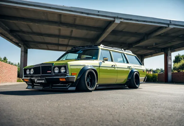 dutch angle, low view, <lora:WBC-XL-v1:1>, ultra widebody family stationwagon, 1970s style, (sharp forcus, highly detailed, 4k, 8k, best quality, masterpiece, ultra highres:1)