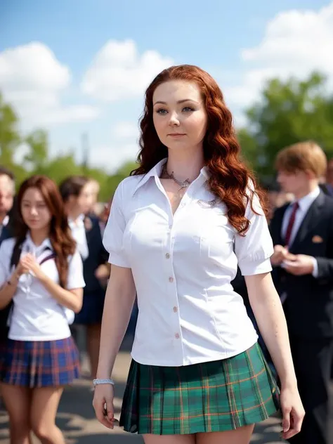 LenaKatinaV11  standing on a street corner with a open russian schoolgirl uniform on, best quality,focus on face, 1girl, (tartan miniskirt), white long socks, natural breast, day, blur background, outdoor, (people, crowds:1.1), (floating hair:1.2), beautifully detailed sky, (school), (casual yet stylish), (dynamic pose:1), soft lighting, wind, shiny skin, sfw, fully dressed, (portrait),