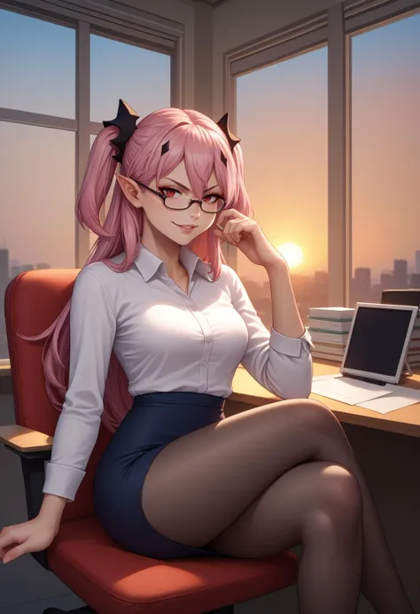 score_9, score_8_up, score_7_up, source_anime, 1girl, <lora:ChamKrulTepesPonyXL:1>, KrulTepes, red eyes, pink hair, long hair, two side up, black hair ornament, office lady, pencil skirt, black pantyhose, white shirt, smirk, window, sunset, desk, chair, crossed legs, glasses, parted lips, lips, eyeliner,