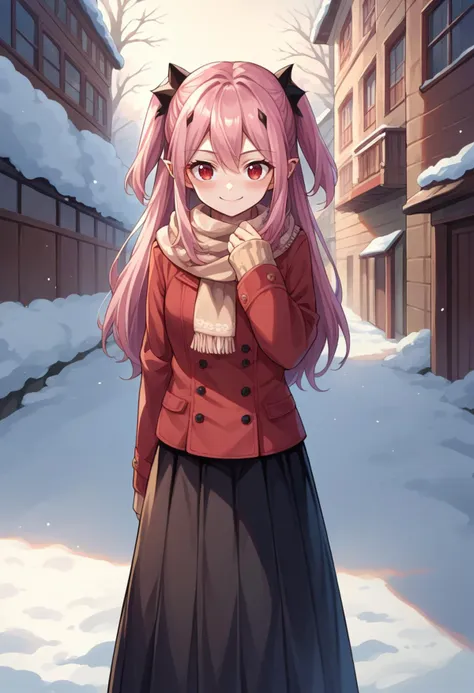 score_9, score_8_up, source_anime, 1girl, solo, KrulTepes, red eyes, pink hair, long hair, two side up, black hair ornament, turtleneck sweater, long skirt, outdoors, scarf, winter, smile, blush, <lora:ChamKrulTepesPonyXL:1>