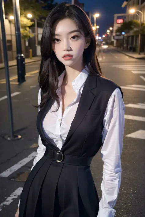 Best quality, masterpiece, ultra high res, (photorealistic:1.4), raw photo, (perfect body shape), dynamic pose, doyeon, waist up, solo, school uniform, in the dark, night, on the street, deep shadow, low key, <lora:doyeonWekiMeki_v1:0.75>