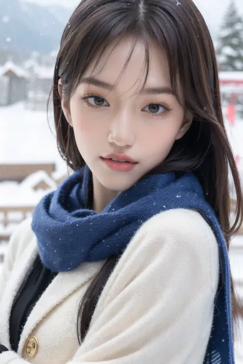 doyeon, <lora:doyeonWekiMeki_v1:0.75> ,(close-up:1.4), (RAW photo:1.2), (photorealistic:1.4),(masterpiece:1.3),(best quality:1.4), dreamlike, (detailed eyes),(detailed facial features), (detailed clothes features), skin tight, (shiny skin),(slender girl),(slim girl), 1girl, ((full body)),solo, cute,smlie,(medium breasts), bangs, straight hair, long hair, black hair, black eyes, crystal pendant, Long blue scarf,White long wool coat,Black thick pantyhose,Brown snow boots,