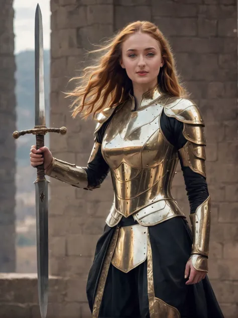 a (full height photograph:1.2) of (ohwx woman:1.3) , (by Alyssa Monks:1.1), beautiful lighting, sharp focus, 8k, high res,Masterpiece, Nikon Z9, Award - winning photograph , athletic body,Fighter - A tight-fitting black and gold suit of armor that hugs her body tightly. The armor features a short skirt that reveals her toned legs and high-heeled boots that make her even taller. She carries a long sword in her hand and exudes an air of power and confidence. ,<lora:sophie_lora_sdxl_v1:1>