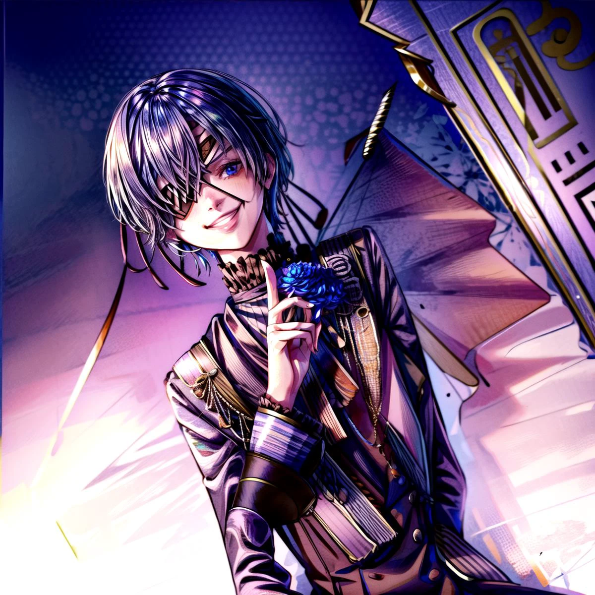 <lyco:Saya-shushing:1>, shushing, <lora:ciel_phantomhivev2:.7>, cielv2, eyepatch, black suit, ribbon, blue flower, looking down on viewer, (half-closed eyes:0.8), (grin, confident smile:0.8), v-shaped eyebrows, sitting down, from below, upper body, (outdoors, palace, sky:1.2) <lora:add_detail:0.5> <lora:sharpen-soften:0.5>