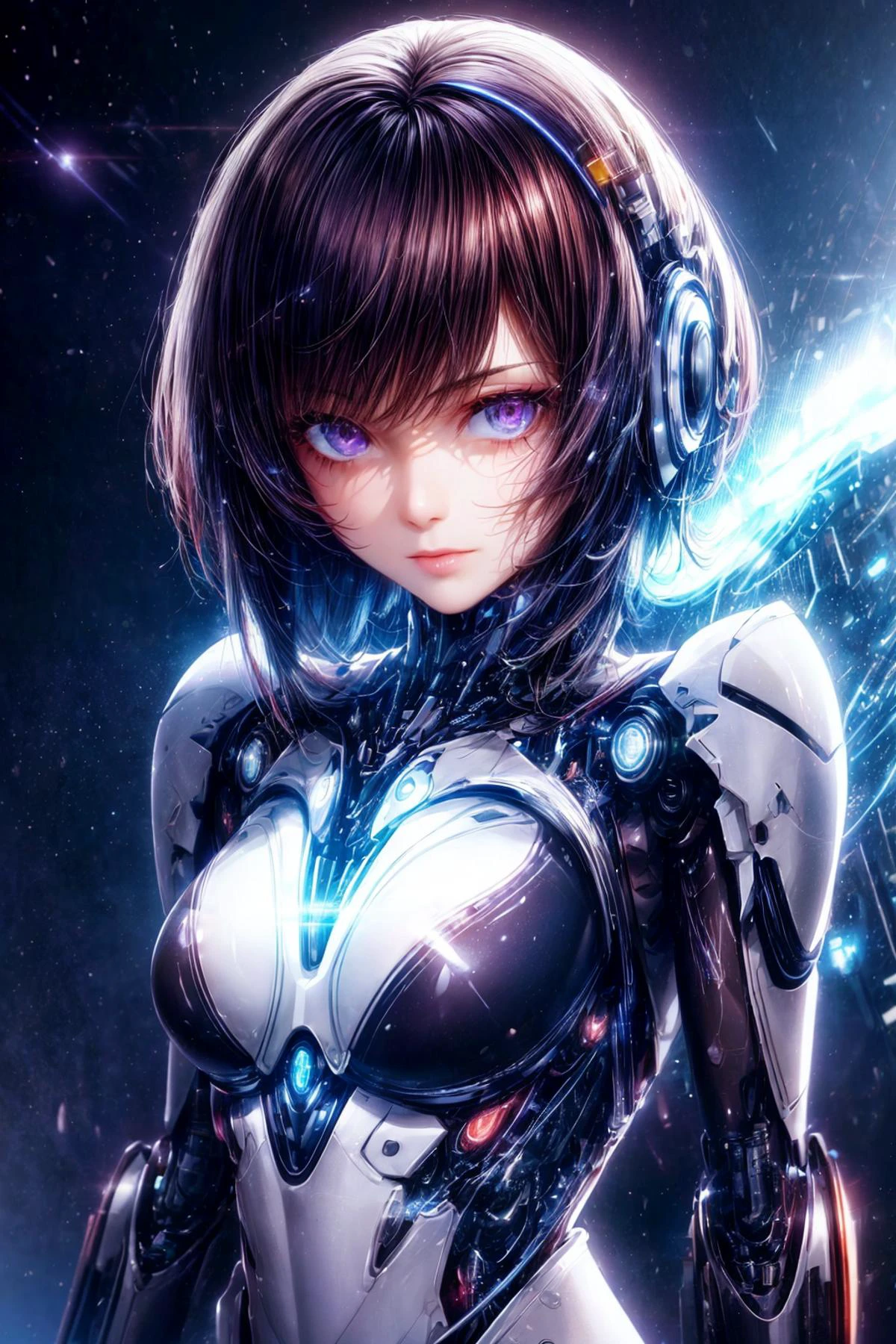 <lora:add_detail:0.6>, <lora:sharpen-soften:-0.4>,
1 girl, adult (elven:0.7) woman, purple eyes, brown quiff hair,
portrait, solo, upper body, looking at viewer, detailed background, detailed face, (<lora:NeoFuturisticTech-20:0.6>, neotech theme:1.1), android, cyborg, biomechanical limbs, mechanical eyes, wires, walking, augmented reality, gears, powered by electricity, particle effects, bright lights, energy pulse, cosmic space in background, cinematic atmosphere,