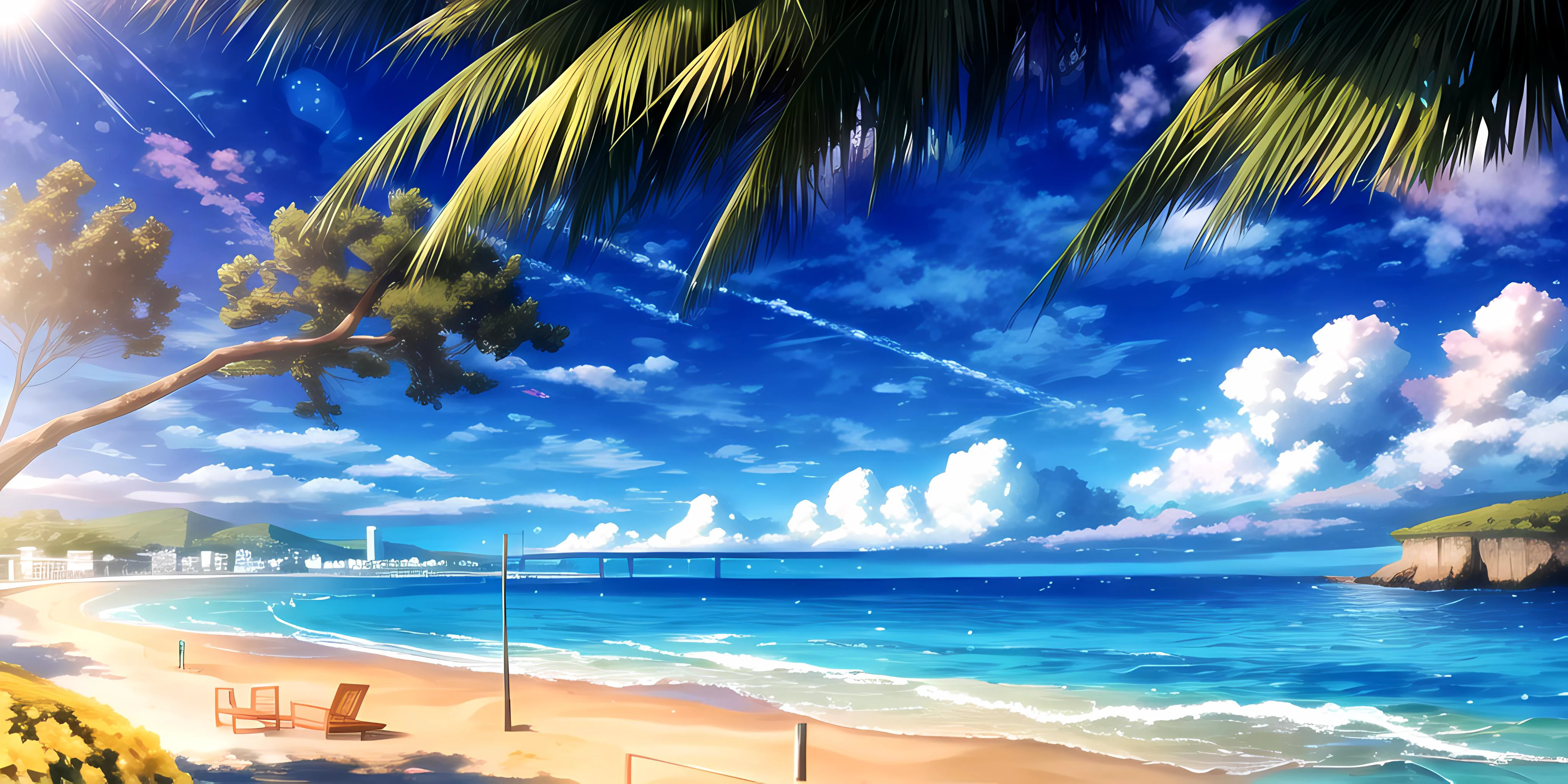 scenery, outdoors, beach, blue sky, sunlight