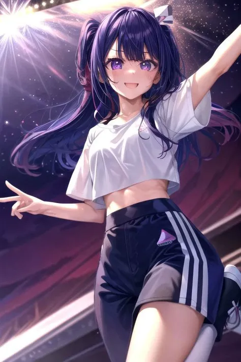 Highres, (Best quality:1.2), (scenary:1.2), lights, Hoshino Ai in /(Ho****veDancePractice/), long hair, purple hair, streaked hair ,purple eyes, star-shaped pupils /(Bright/), hair ornament, 1girl, movement to jumping, smile, (Sweating:0.9), Wrapped in glitter,