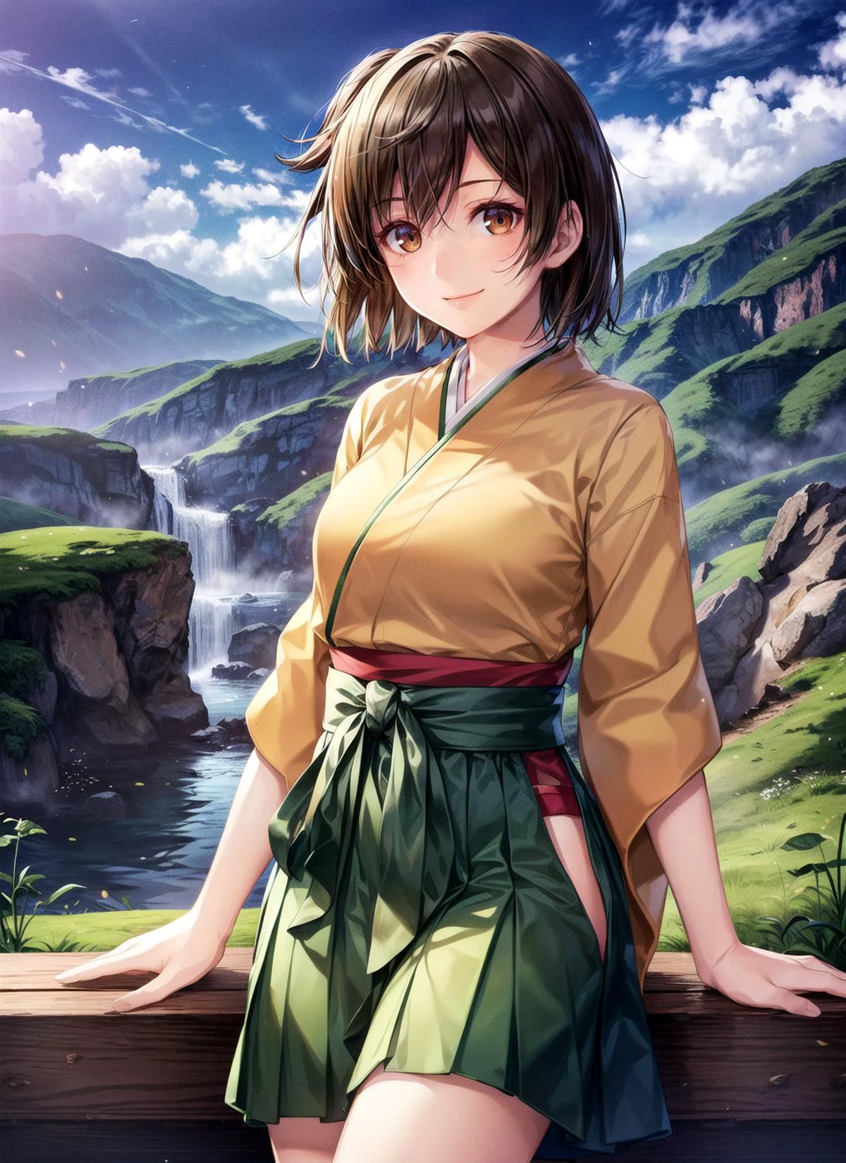 (masterpiece), (best quality), (ultra-detailed), (best illustration), (an extremely delicate and beautiful), 1girl, solo, hiryuuchan, (one side up), orange kimono, green hakama short skirt, wide sleeves, smile, brown hair, (brown) eyes <lora:hiryuu_nai_11-24:0.6:0.6:lbw=OUTD>, green hill, blue sky, white cloud, detailed scenery, extremely detailed, finely detailed, detailed sleeves, smile,
