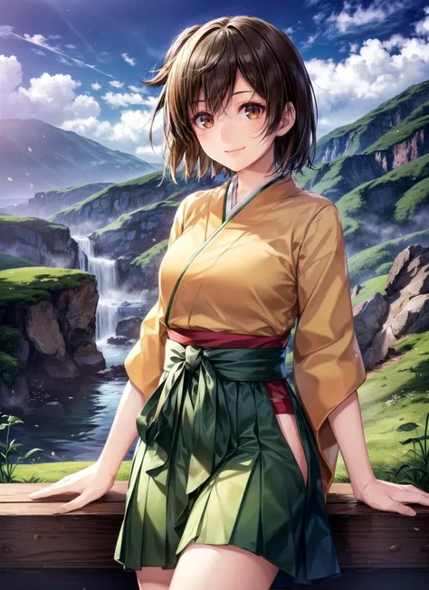 (masterpiece), (best quality), (ultra-detailed), (best illustration), (an extremely delicate and beautiful), 1girl, solo, hiryuuchan, (one side up), orange kimono, green hakama short skirt, wide sleeves, smile, brown hair, (brown) eyes <lora:hiryuu_nai_11-24:0.6:0.6:lbw=OUTD>, green hill, blue sky, white cloud, detailed scenery, extremely detailed, finely detailed, detailed sleeves, smile,