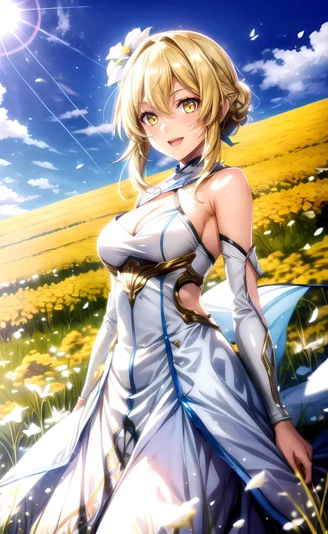 1girl, cowboy shot, standing, Lumine, blonde hair, yellow eyes, white dress, detached sleeves, bare shoulders, open mouth, smile, nature, flower field, blue sky, sunlight <lora:Lumine wangy v3:0.6>
